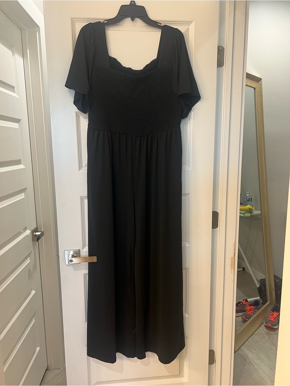 SHEIN Curve 2XL Black Smocked Square Neck Flutter Sleeve Wide Leg Jumpsuit